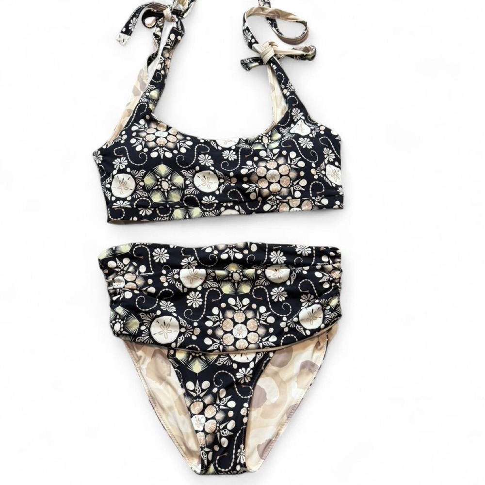 Emily McCarthy Black & Tan Floral Reversible Lottie Bikini Set, Women's Size XL